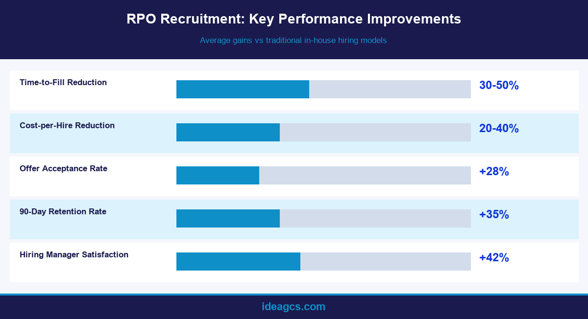Infographic showing key RPO recruitment performance improvements including time-to-fill and cost-per-hire reductions compared to traditional hiring