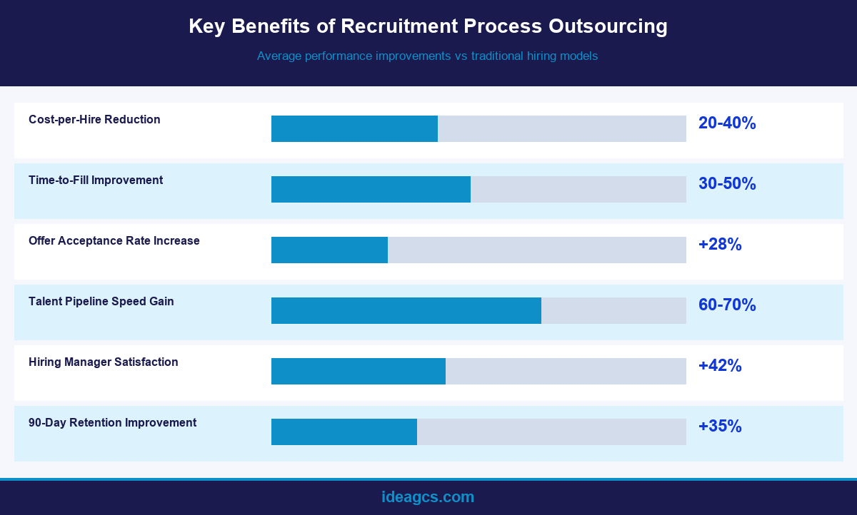 Key benefits of recruitment process outsourcing including cost reduction and quality of hire