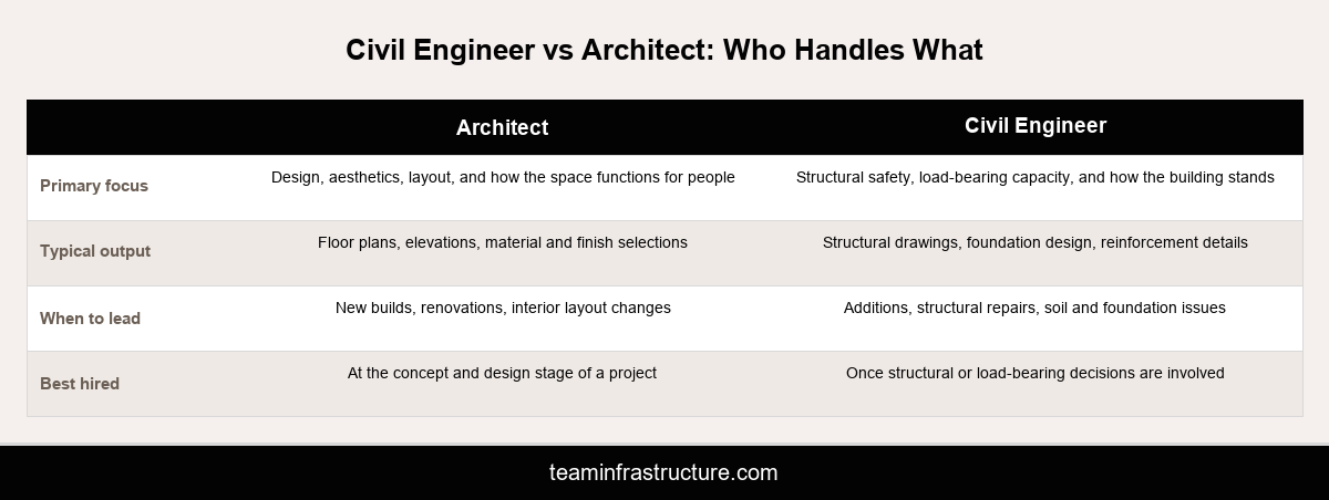 Infographic comparing what an architect handles versus what a civil engineer handles on a construction project