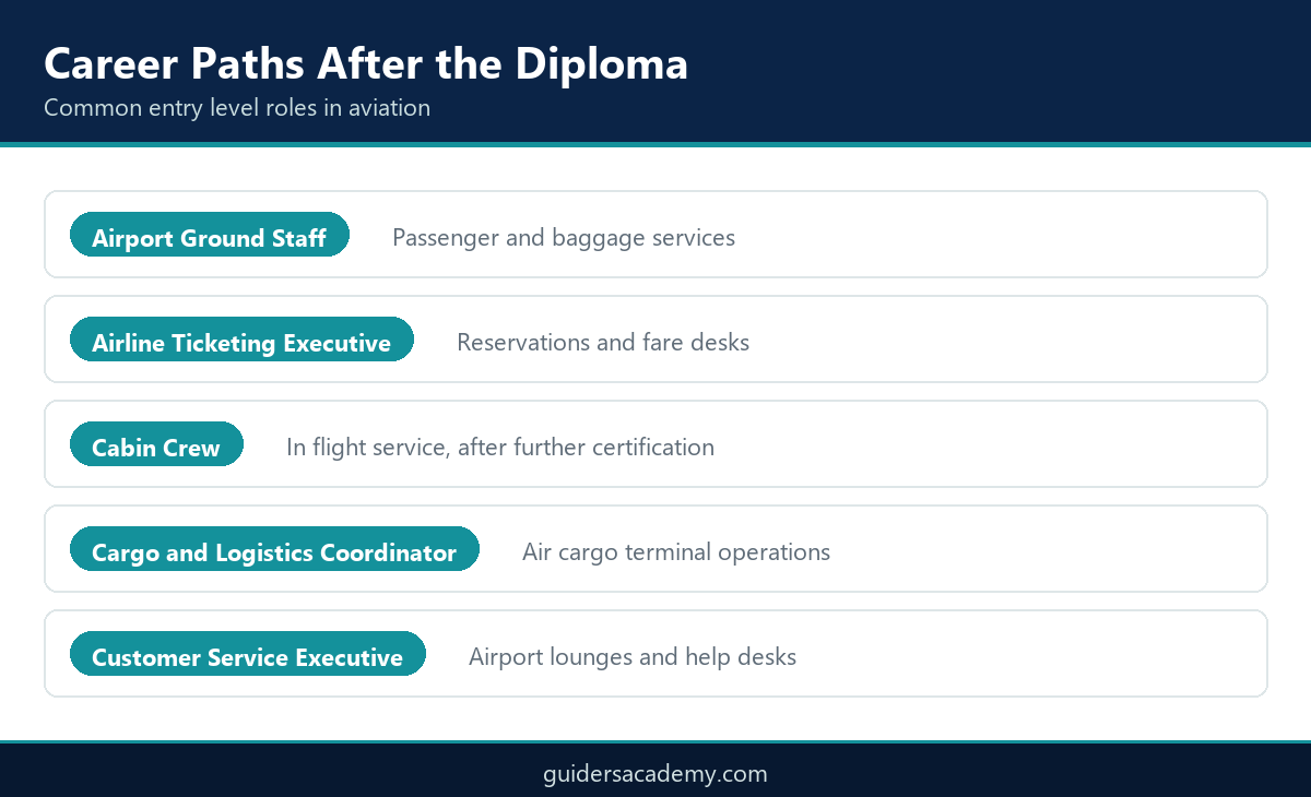 Infographic showing common career paths after a diploma in airline and airport management such as ground staff and ticketing executive