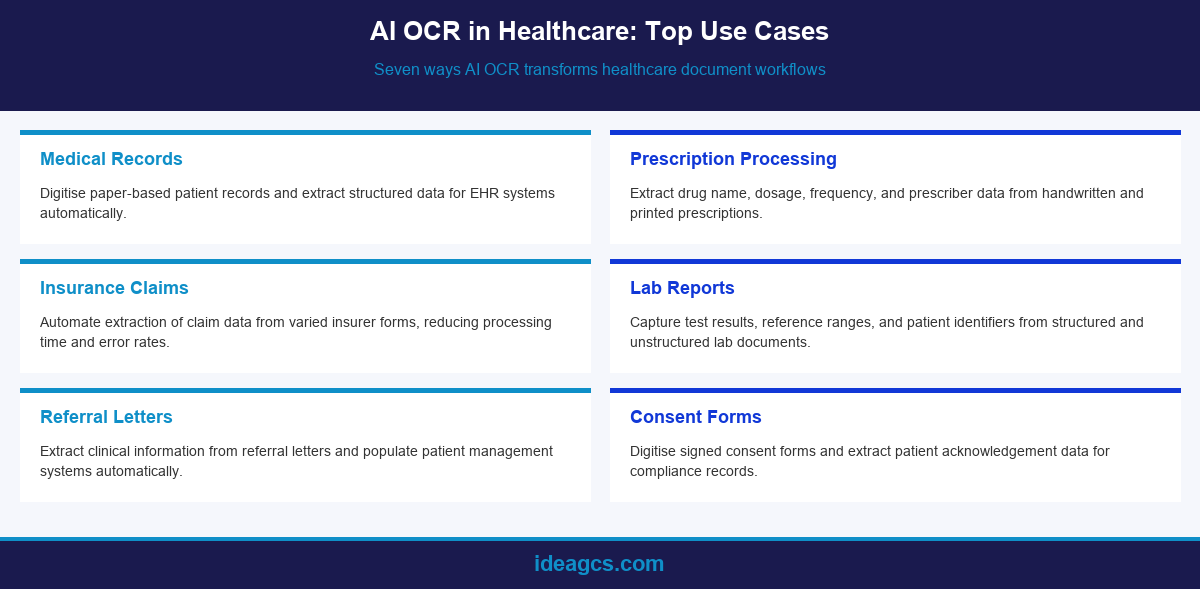 Infographic showing the top use cases of AI OCR in healthcare document management