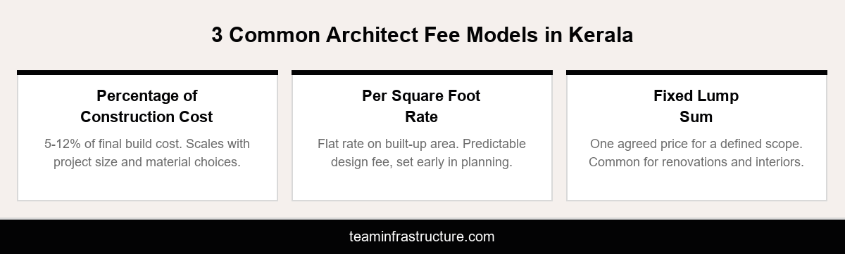Infographic comparing the three common architect fee models in Kerala: percentage, per square foot, and lump sum