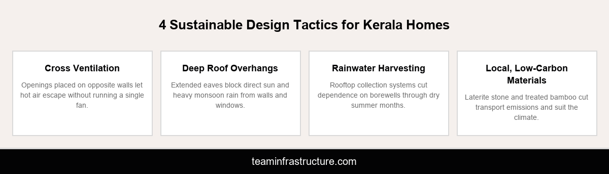 Infographic showing four sustainable architecture tactics for Kerala homes: cross ventilation, deep roof overhangs, rainwater harvesting, and local low-carbon materials