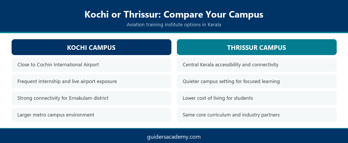 Side by side comparison of Kochi and Thrissur campuses for aviation training institute options