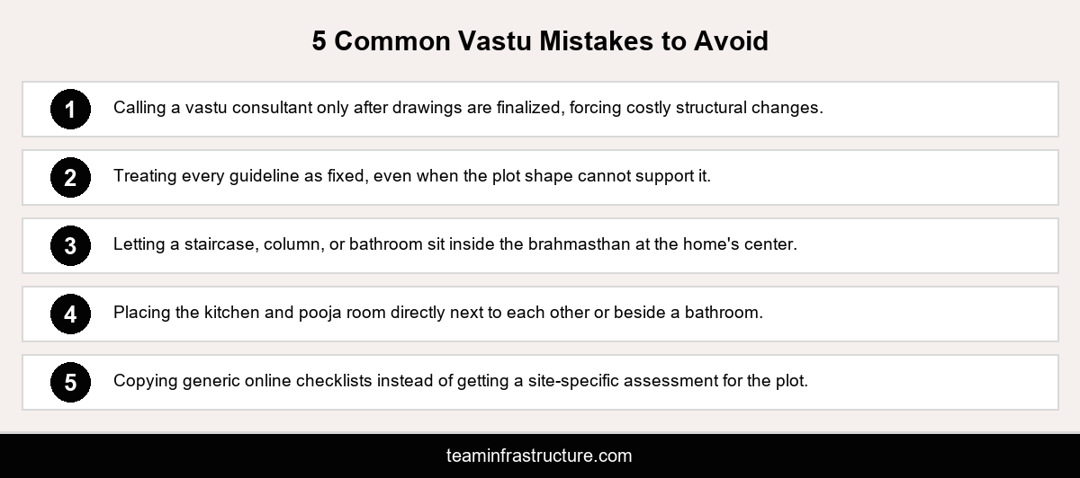 Infographic listing five common vastu mistakes homeowners make during vastu for home construction