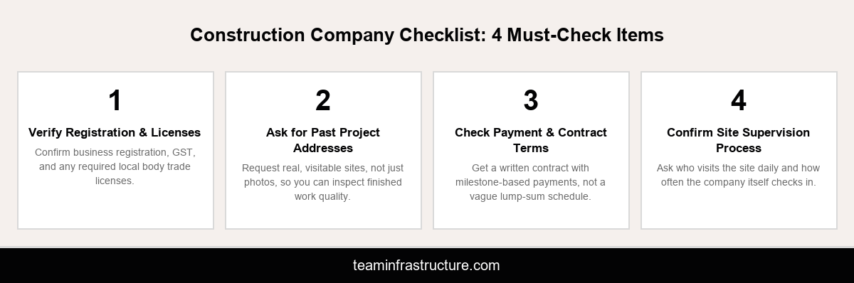 Infographic showing a four-item checklist for vetting a construction company in Ernakulam: registration, past projects, contract terms, and site supervision